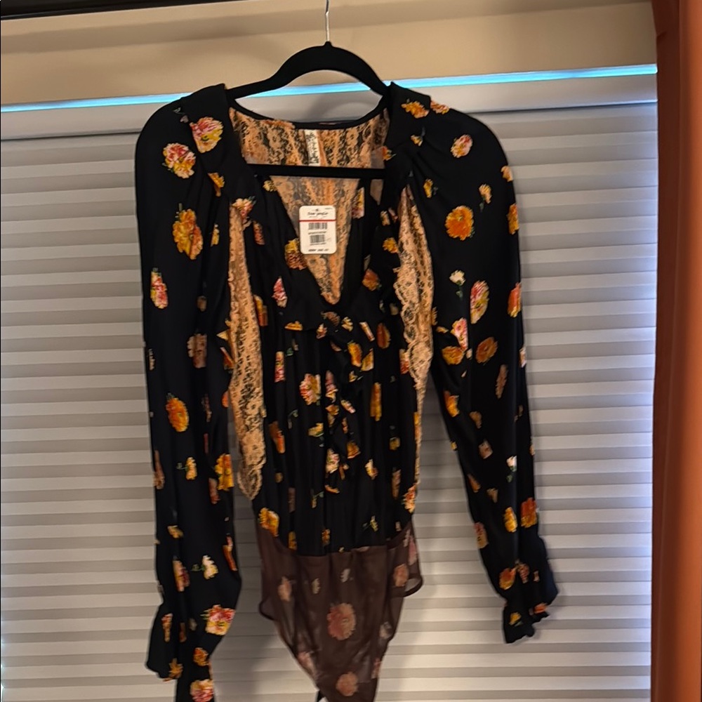 Free People Black and Orange Bodysuit with Flutter Sleeves